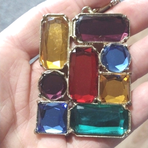 VINTAGE MULTICOLORED RHINESTONE PENDANT DOUBLE SNAKE CHAIN 18-21" NECKLACE - Picture 11 of 12